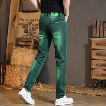 Emerald Green Jeans High-End Embroidery Slim Straight Leg Men Pants Personality Fashion Everything Trend Elastic Denim Pant