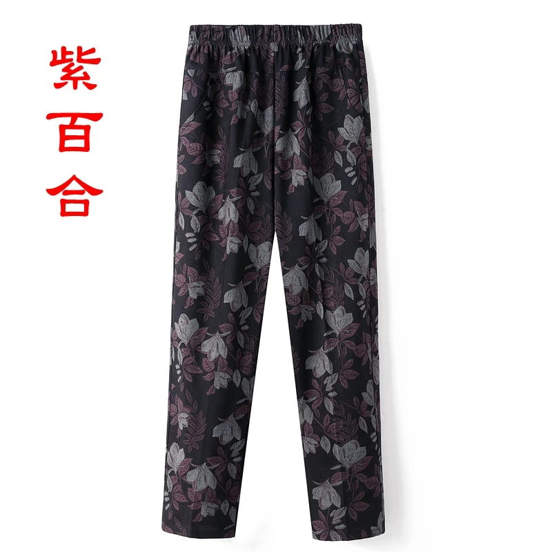 8XL 9XL Middle-aged Women Trousers New Print Elasti High Waist Casual Pants Spring and Autumn Straight Pants Oversize Grandma Pa