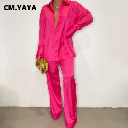 CM.YAYA Elegant Satin Women's Tracksuit Long Sleeve Shirt and Wide Leg Straight Pants Matching Sleepwear Two 2 Piece Set Outfits