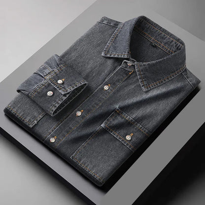 New Autumn Cotton Denim Shirts Men Slim Fit Smart Casual Solid Color Long Sleeve Mens Jeans Shirt  Fashion Male Shirt Black Blu