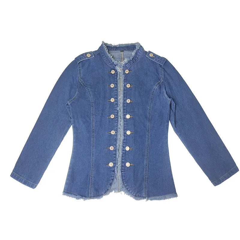 Women Vintage American Style Denim Jacket Spring Autumn Ladies Casual Slim Fit Single Breasted Long Sleeve Thin Jean Coat 2025