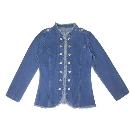 Women Vintage American Style Denim Jacket Spring Autumn Ladies Casual Slim Fit Single Breasted Long Sleeve Thin Jean Coat 2025