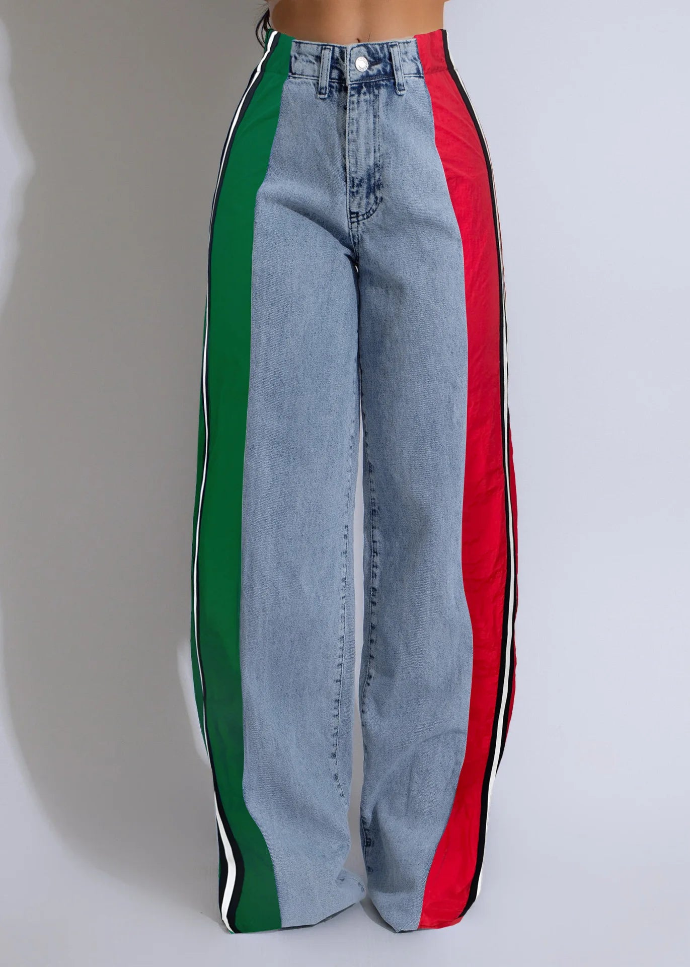 Denim Pants Women Patchwork Spliced Long Pant Mom Straight Button High Waist Casual Jeans Trousers Pocket Lady Y2k Autumn