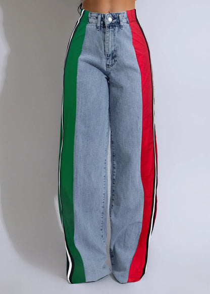 Denim Pants Women Patchwork Spliced Long Pant Mom Straight Button High Waist Casual Jeans Trousers Pocket Lady Y2k Autumn