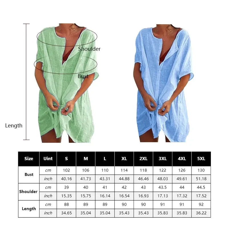 2025 Hot Sexy Beach Swimsuit Cover-Ups Women Blouse Beach Shirt Cotton Linen Long Blouse Fashion Casual Solid Color Beach Dress