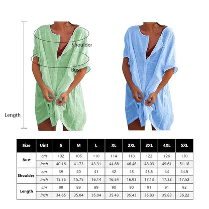 2025 Hot Sexy Beach Swimsuit Cover-Ups Women Blouse Beach Shirt Cotton Linen Long Blouse Fashion Casual Solid Color Beach Dress