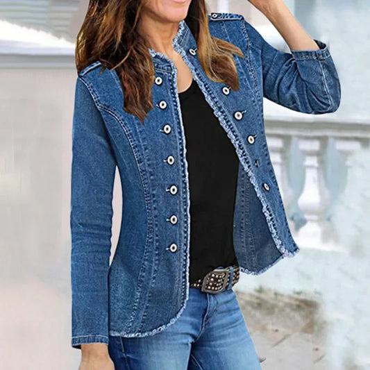 Women Vintage American Style Denim Jacket Spring Autumn Ladies Casual Slim Fit Single Breasted Long Sleeve Thin Jean Coat 2025