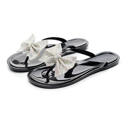 Summer New Clip-foot Bow Flash Drill Sandals and Slippers Women's Flip-flops Fashion Shoes  Clear Slippers Women  Summer Slipper
