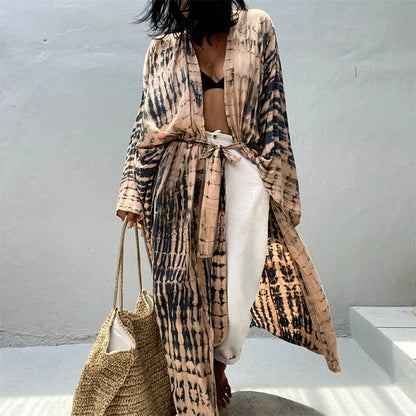 New 11 Colors Printed Long Sleeve With Belt Tunic Beach Cover Up Cover-ups Beach Dress Beach Wear Beachwear Female Women V4521