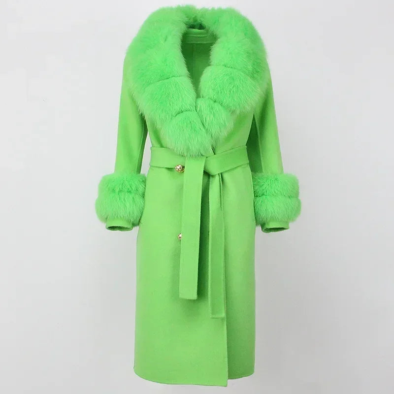 Double Breasted Woolen Jacket Belt Warm Cashmere Real Fur Coat Streetwear New Fashion 2024 Winter Women Long Natural Wool Blends