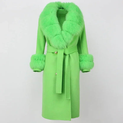 Double Breasted Woolen Jacket Belt Warm Cashmere Real Fur Coat Streetwear New Fashion 2024 Winter Women Long Natural Wool Blends