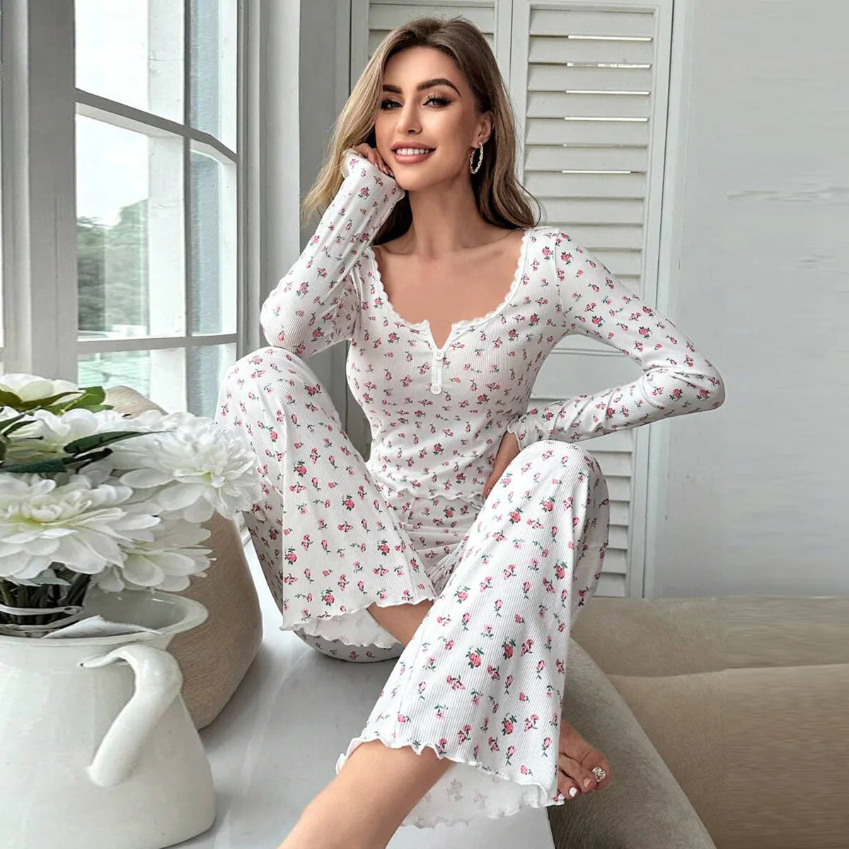 Spring Autumn Floral Print Lettuce Trim Tops with Long Pants Sleepwear Women Pajamas Set Loungewear Nightwear Pijama Mujer