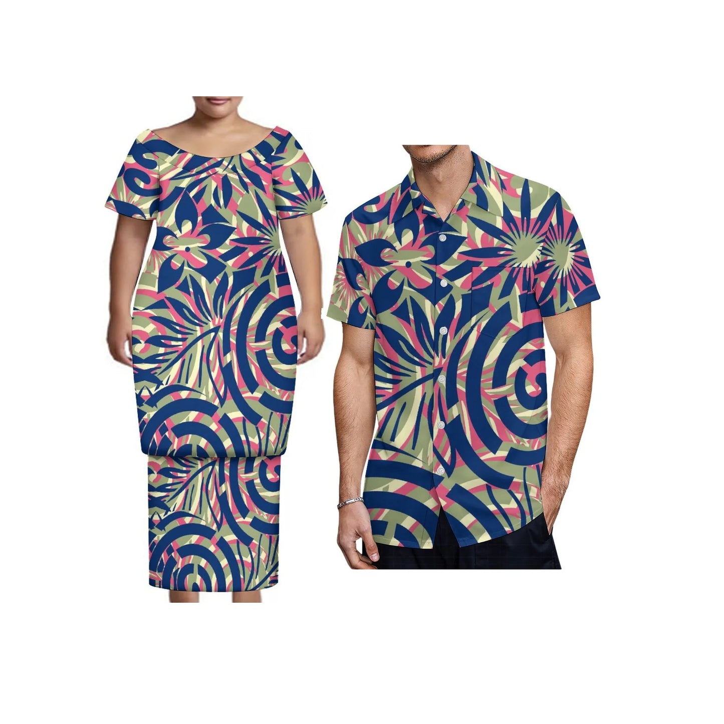 New Tonga Polynesian Short Sleeve Dress Big Size Women Button Puletasi Dress and Aloha Men Shirt Match Couple Clothes Two Piece