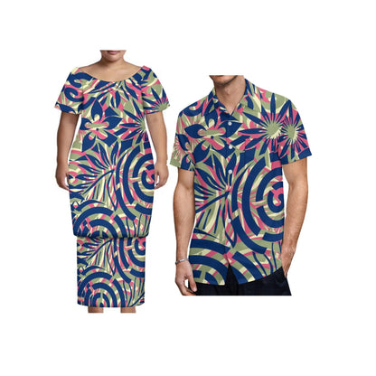 New Tonga Polynesian Short Sleeve Dress Big Size Women Button Puletasi Dress and Aloha Men Shirt Match Couple Clothes Two Piece