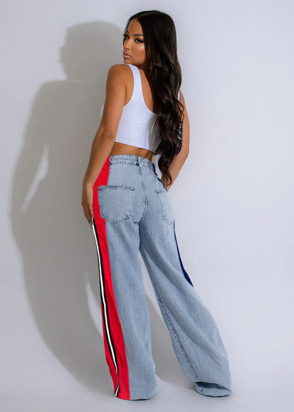 Denim Pants Women Patchwork Spliced Long Pant Mom Straight Button High Waist Casual Jeans Trousers Pocket Lady Y2k Autumn