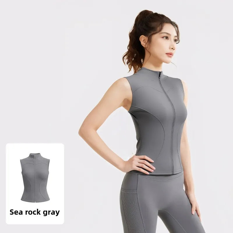Spring and Summer New Sleeveless Vest Women's Yoga Jacket Slimming Stretch Slim Sports Jacket Standing Collar Zipper Top Fitness