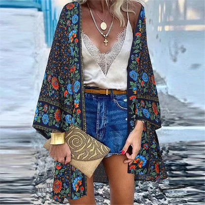 New Summer Bohemian Beach Printed Cardigan Jacket Long Sleeve Leisure Holiday Beach Swimsuit Blouse Shawl Long Coat M-5XL