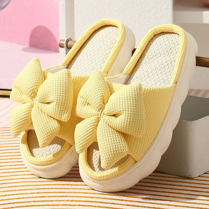Comfortable Linen Slippers Soft and Lightweight Cotton Slippers Cute Bowknot Flat Slipper Couples Slides Home Shoes for Women