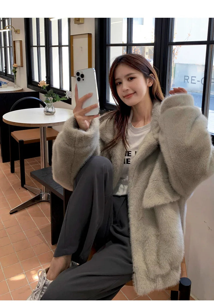 Women Faux Fur Coats Mid Length Jackets Stand Collar Coat Thick Warm Y2k Streetwear Jacket Work Casual Loose Autumn Winter