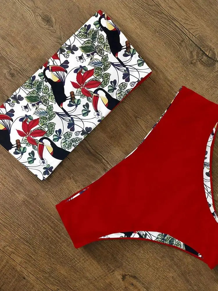 Bikini Swimwear Swimsuit Women Print High Waist Bikini Set Back Cross Bandeau Bathing Suit Female Beach Wear Biquini