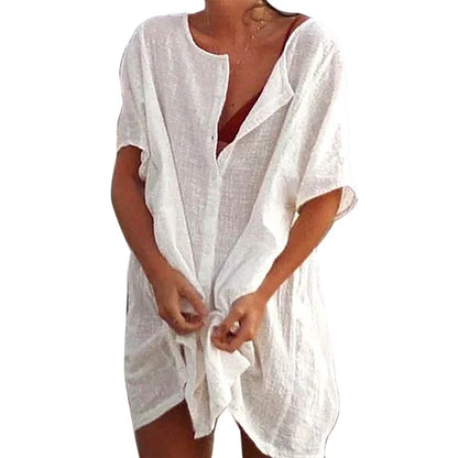 2025 Hot Sexy Beach Swimsuit Cover-Ups Women Blouse Beach Shirt Cotton Linen Long Blouse Fashion Casual Solid Color Beach Dress