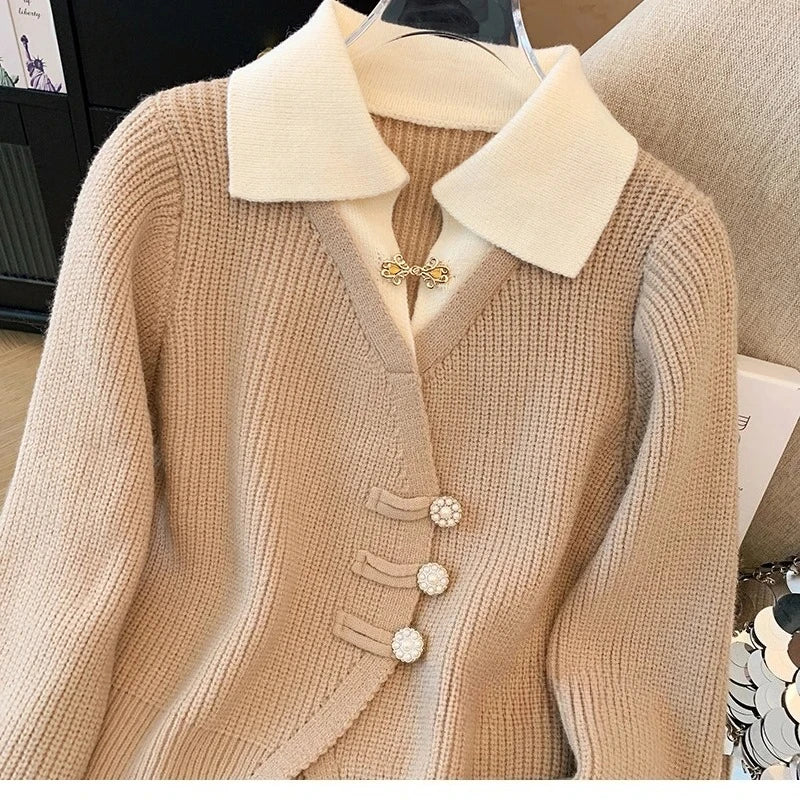New 2026 Autumn Winter Design Splicing Slim Women Knitted Cardigan Sweater Jacket Fashion Fake Two Items Loose Ladies Top