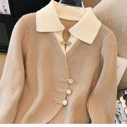 New 2026 Autumn Winter Design Splicing Slim Women Knitted Cardigan Sweater Jacket Fashion Fake Two Items Loose Ladies Top