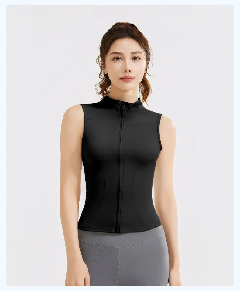 Spring and Summer New Sleeveless Vest Women's Yoga Jacket Slimming Stretch Slim Sports Jacket Standing Collar Zipper Top Fitness