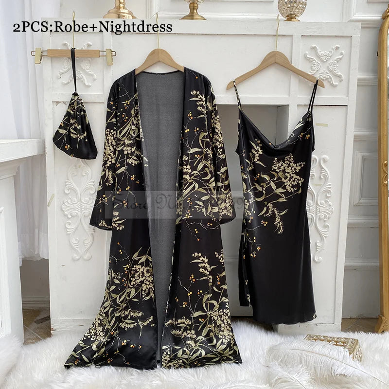 Four Pieces Pajamas Set Printed Little Cherry Sleepwear Women Satin Nightgown With Suspender Sling&Shorts Summer Home Clothes