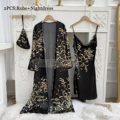 Four Pieces Pajamas Set Printed Little Cherry Sleepwear Women Satin Nightgown With Suspender Sling&Shorts Summer Home Clothes