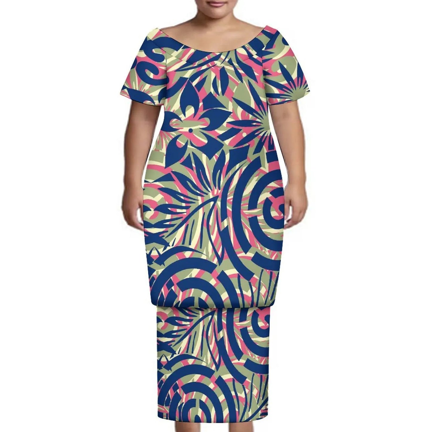 New Tonga Polynesian Short Sleeve Dress Big Size Women Button Puletasi Dress and Aloha Men Shirt Match Couple Clothes Two Piece