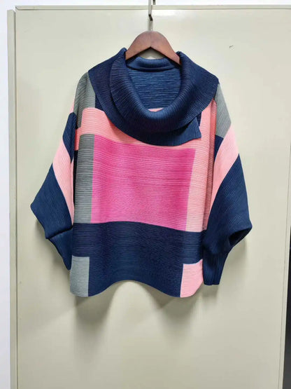Miyake Pleated Turndown Collar Batwing Sleeve Top Women Geometric Printed Loose T-shirt