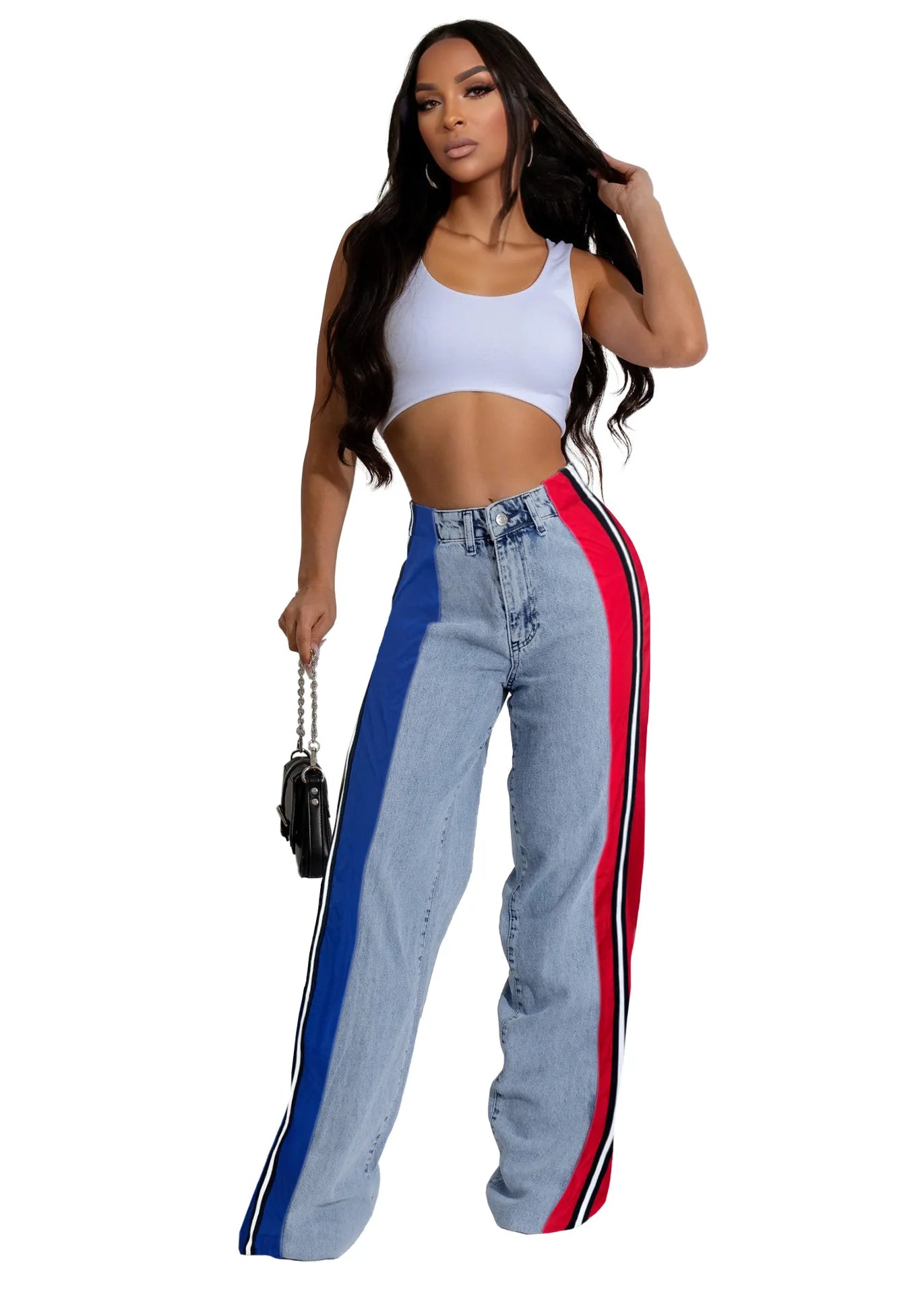 Denim Pants Women Patchwork Spliced Long Pant Mom Straight Button High Waist Casual Jeans Trousers Pocket Lady Y2k Autumn