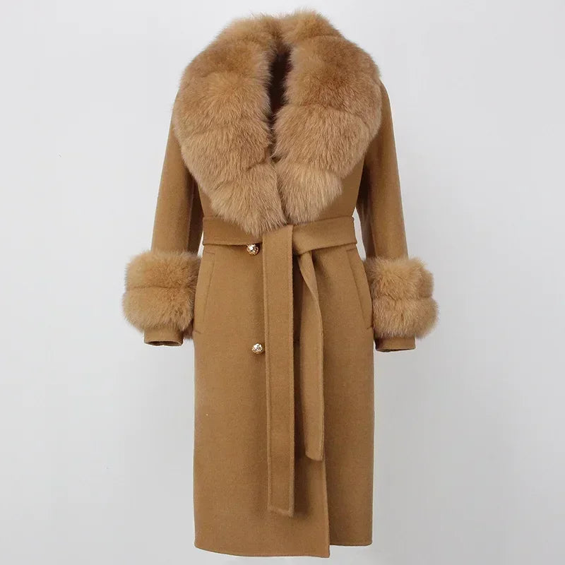 Double Breasted Woolen Jacket Belt Warm Cashmere Real Fur Coat Streetwear New Fashion 2024 Winter Women Long Natural Wool Blends