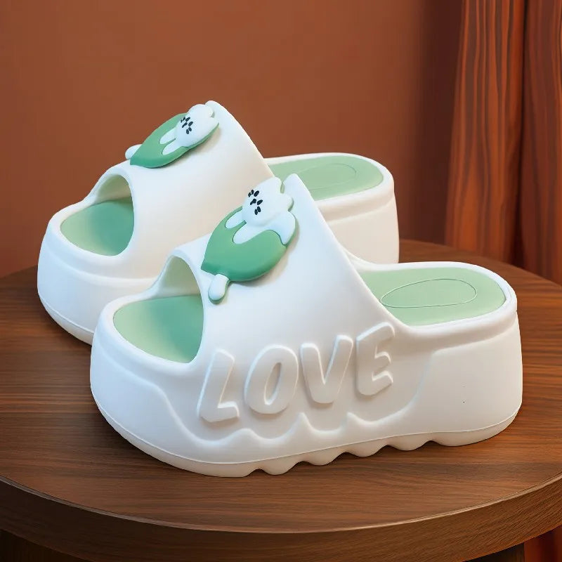 New pink flower high heel slipper women's outdoor slides sweet backless beach shoes woman flat platform mules elevator slippers