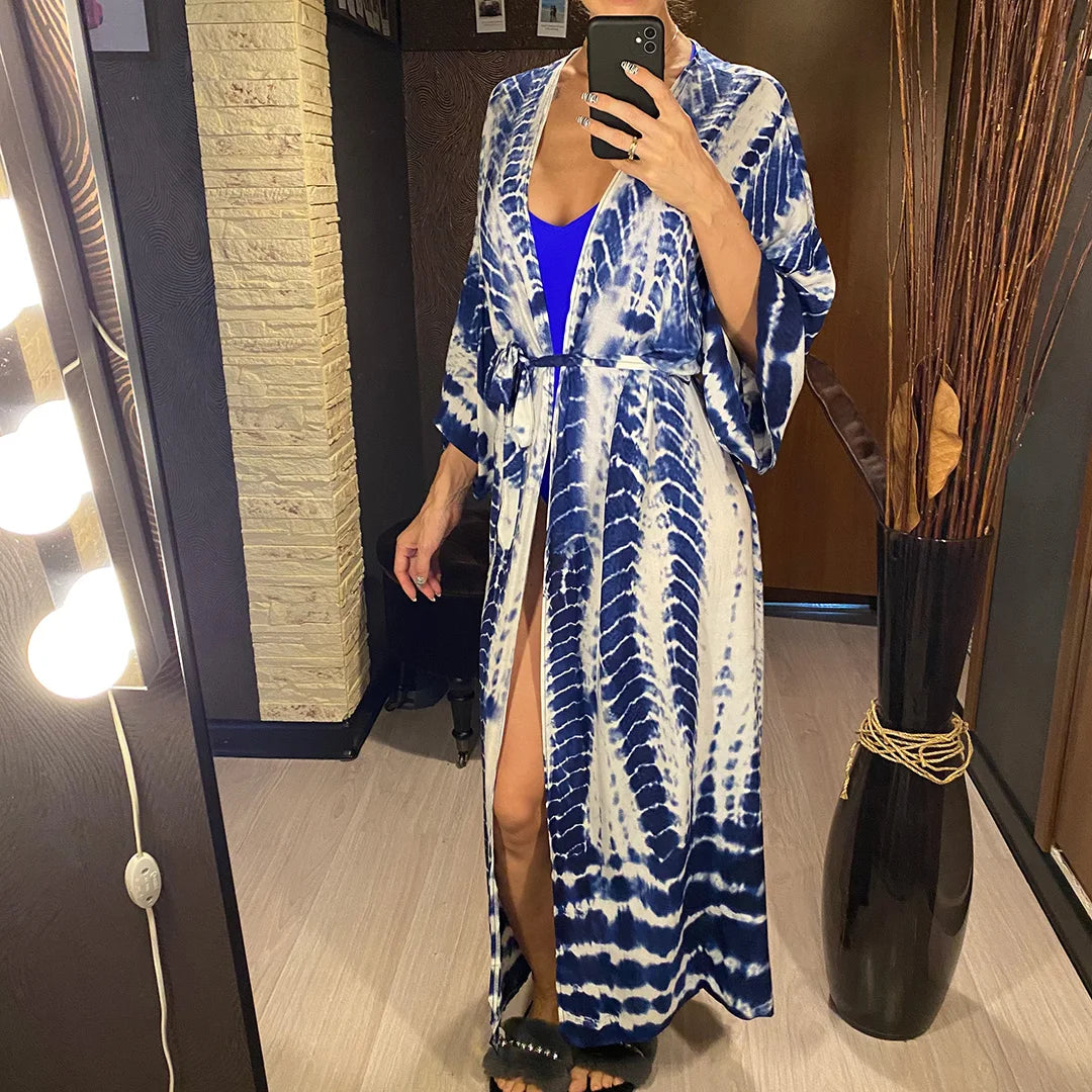 New 11 Colors Printed Long Sleeve With Belt Tunic Beach Cover Up Cover-ups Beach Dress Beach Wear Beachwear Female Women V4521