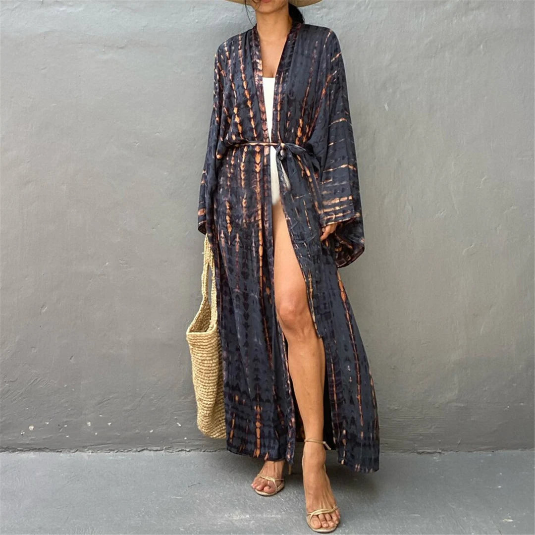 New 11 Colors Printed Long Sleeve With Belt Tunic Beach Cover Up Cover-ups Beach Dress Beach Wear Beachwear Female Women V4521