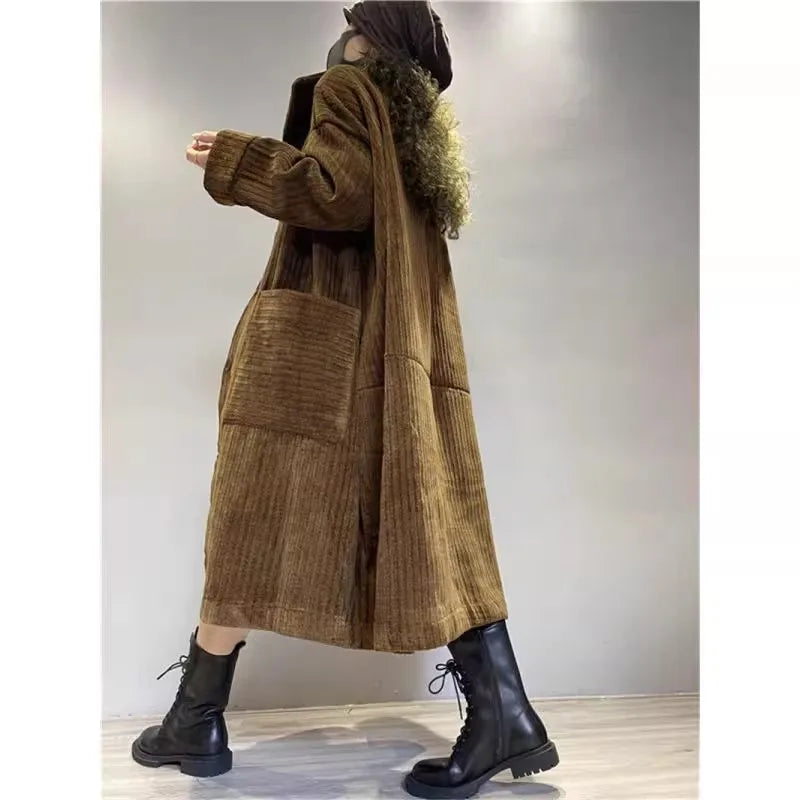 Thiened Fce Long Corduroy Warm Outerwear Women's Single Button Open Cardigan Windbreaker Autumn Winter Seasonal Faion