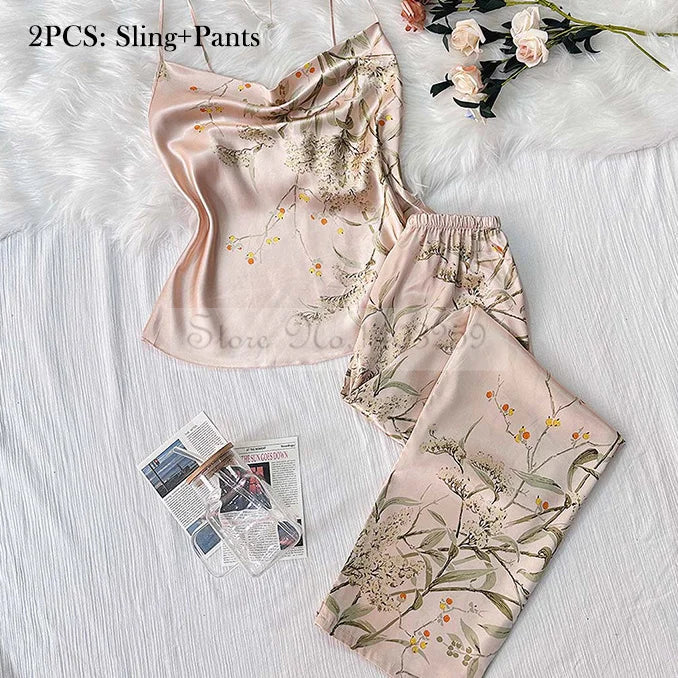 Four Pieces Pajamas Set Printed Little Cherry Sleepwear Women Satin Nightgown With Suspender Sling&Shorts Summer Home Clothes