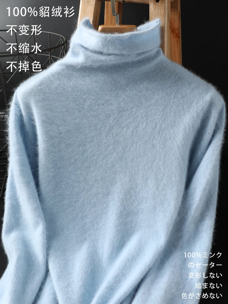 CHICUU Women Mink Cashmere Sweater Turtleneck Pullover Autumn Winter Basic Soft Warm Clothing 100% Mink Cashmere Knitwear Tops