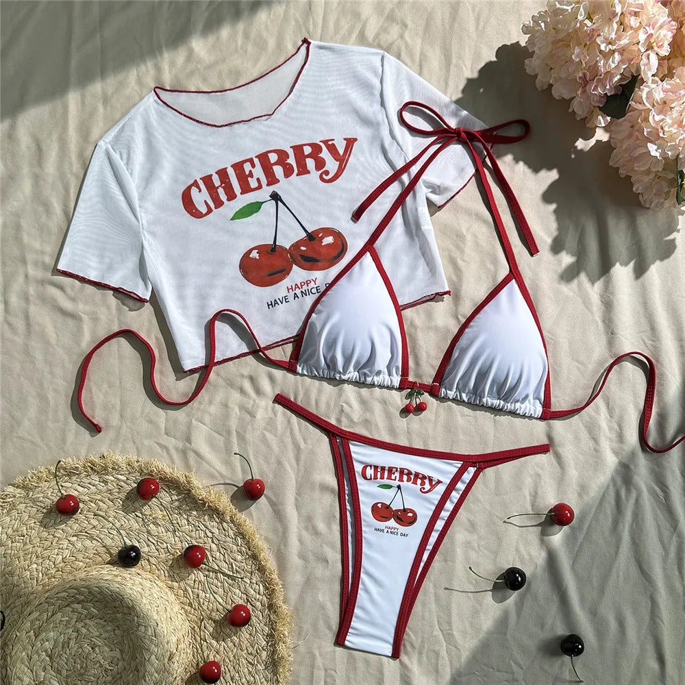 Cute Cherry Print Swimwear Halter String Triangle Bikinis Sets 3 Pieces Smock Cover Ups Sexy Swimsuit Women Bather Biquinis 2026
