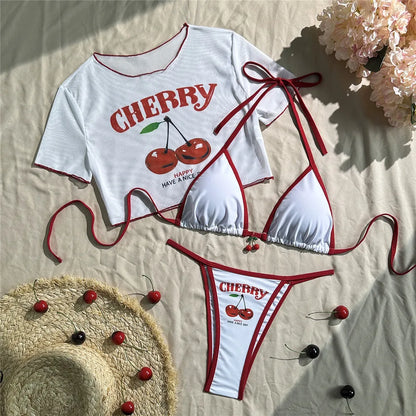 Cute Cherry Print Swimwear Halter String Triangle Bikinis Sets 3 Pieces Smock Cover Ups Sexy Swimsuit Women Bather Biquinis 2026