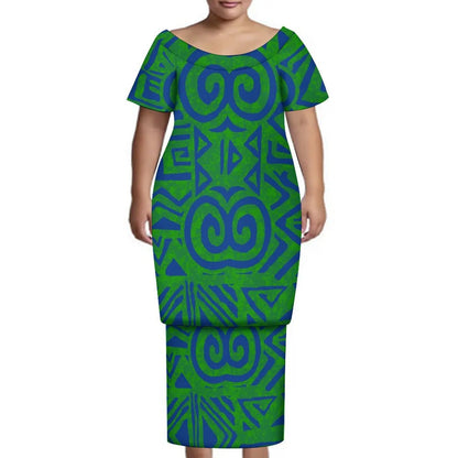New Tonga Polynesian Short Sleeve Dress Big Size Women Button Puletasi Dress and Aloha Men Shirt Match Couple Clothes Two Piece