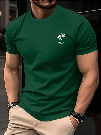 Men's summer 100 cotton fashionable casual loose sports fashionable coconut tree print round neck short sleeved T-shirt top