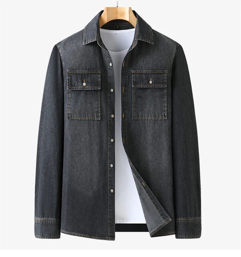 New Autumn Cotton Denim Shirts Men Slim Fit Smart Casual Solid Color Long Sleeve Mens Jeans Shirt  Fashion Male Shirt Black Blu