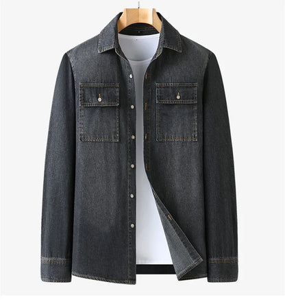 New Autumn Cotton Denim Shirts Men Slim Fit Smart Casual Solid Color Long Sleeve Mens Jeans Shirt  Fashion Male Shirt Black Blu