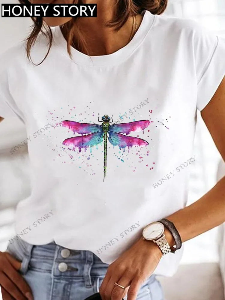 Dragonfly Butterfly Print Base Top Loose Women's Short-sleeved T-shirt Round Neck Oversized T Shirt  Women Clothes TEE