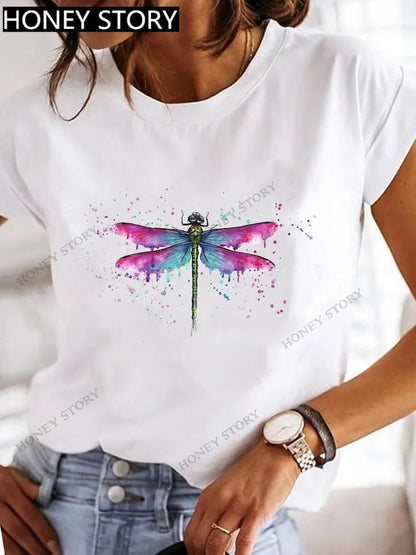 Dragonfly Butterfly Print Base Top Loose Women's Short-sleeved T-shirt Round Neck Oversized T Shirt  Women Clothes TEE