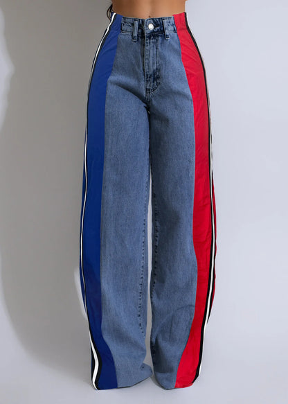 Denim Pants Women Patchwork Spliced Long Pant Mom Straight Button High Waist Casual Jeans Trousers Pocket Lady Y2k Autumn