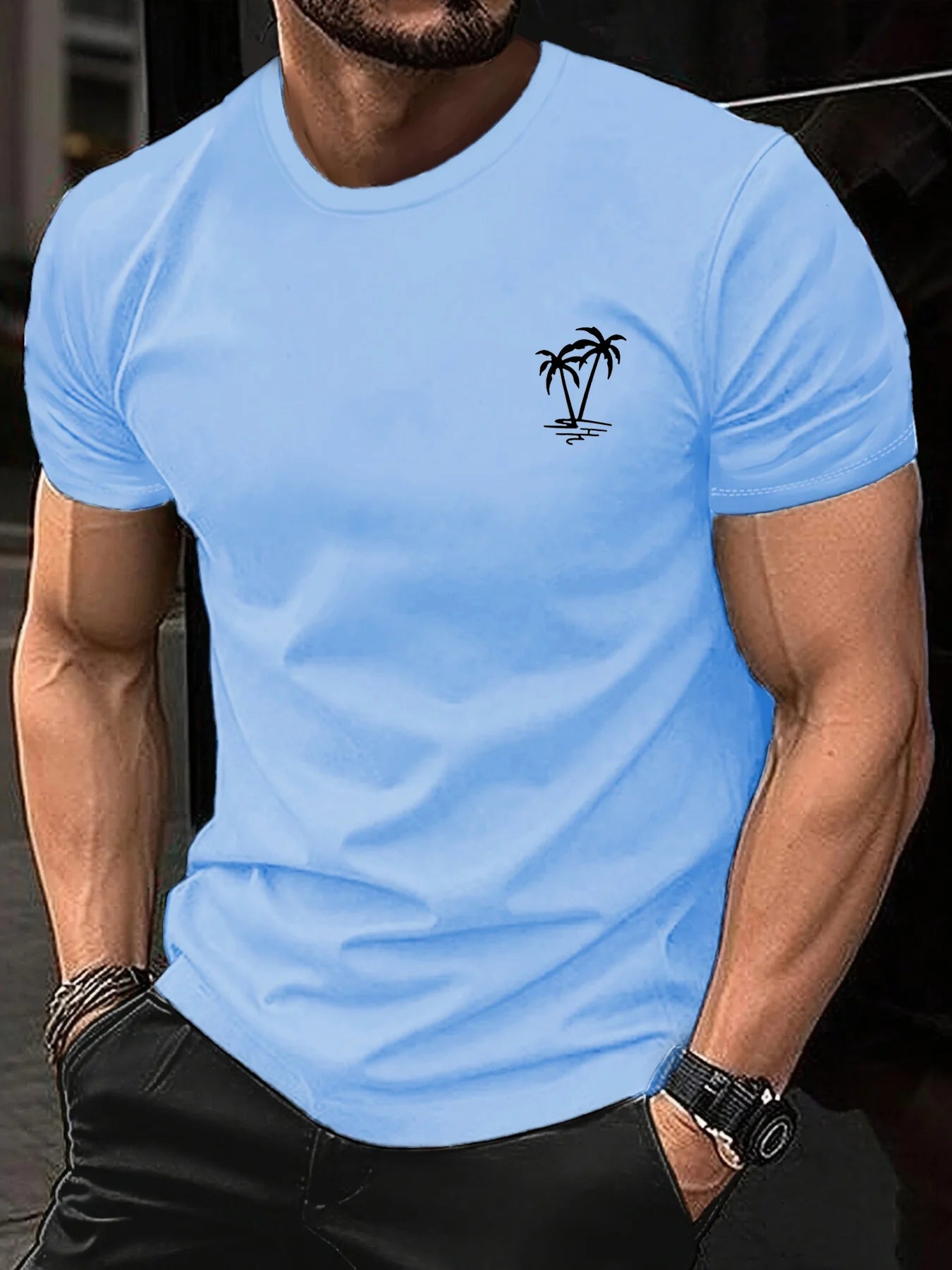Men's summer 100 cotton fashionable casual loose sports fashionable coconut tree print round neck short sleeved T-shirt top